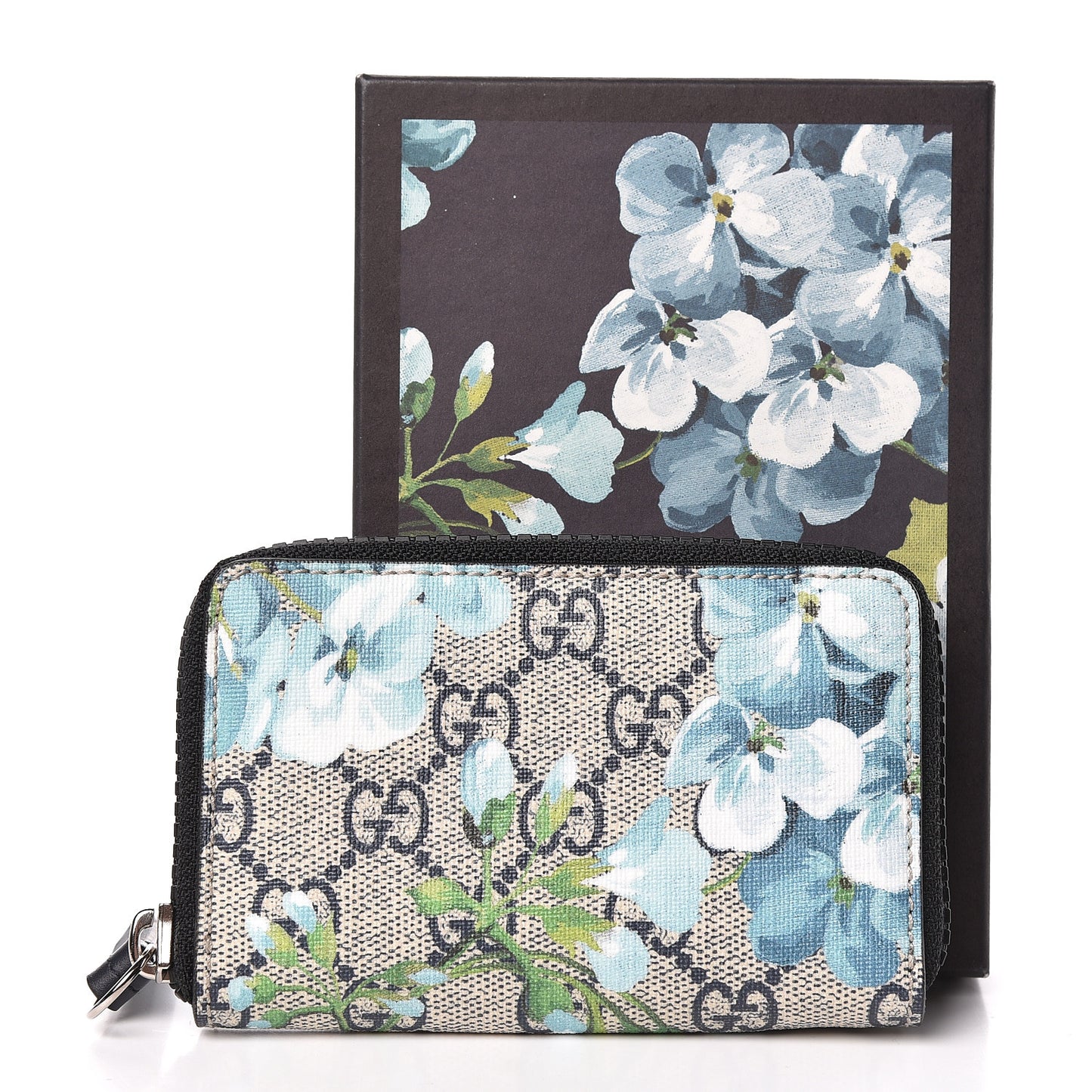 GG Supreme Monogram Blooms Zip Around Card Case Wallet Beige Blue Navy