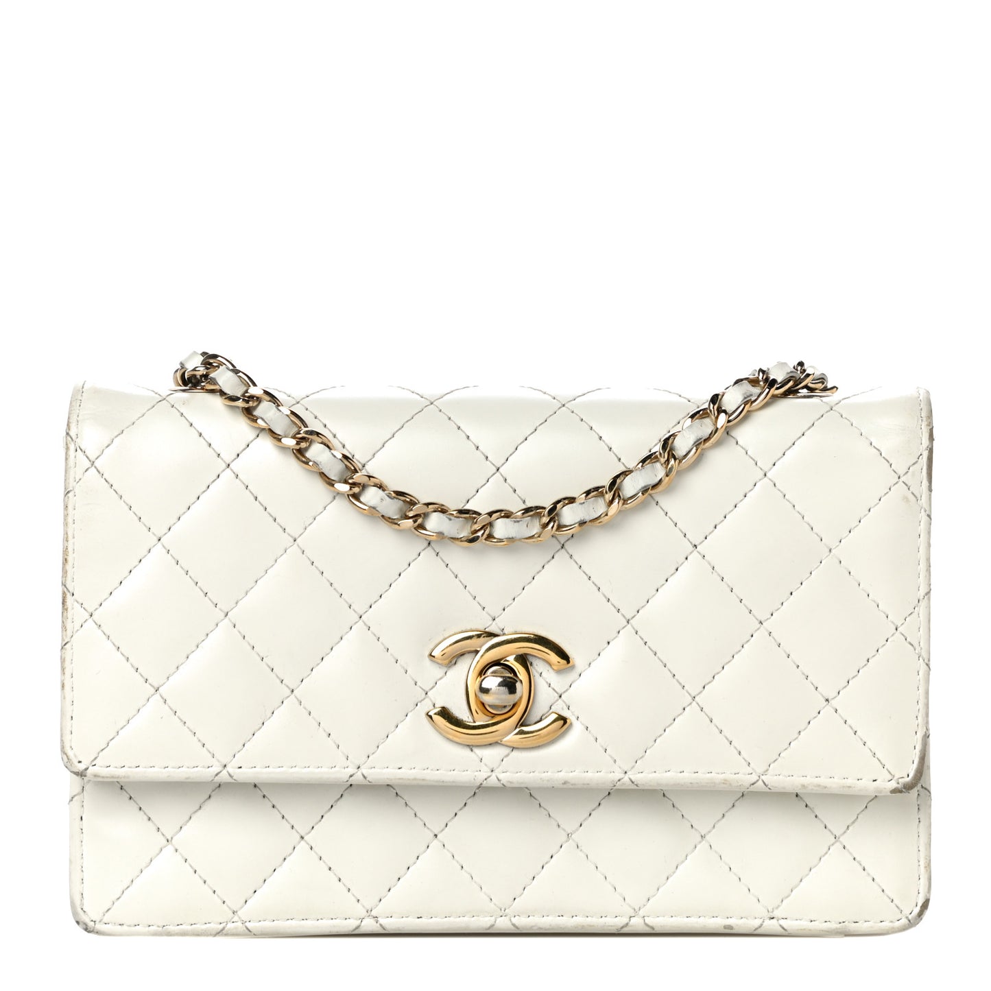 Glazed Calfskin Quilted Small Flap White