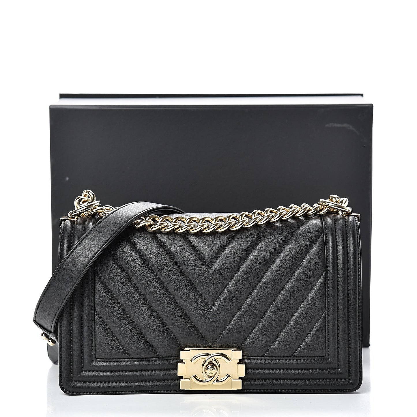 Calfskin Chevron Quilted Medium Boy Flap Black