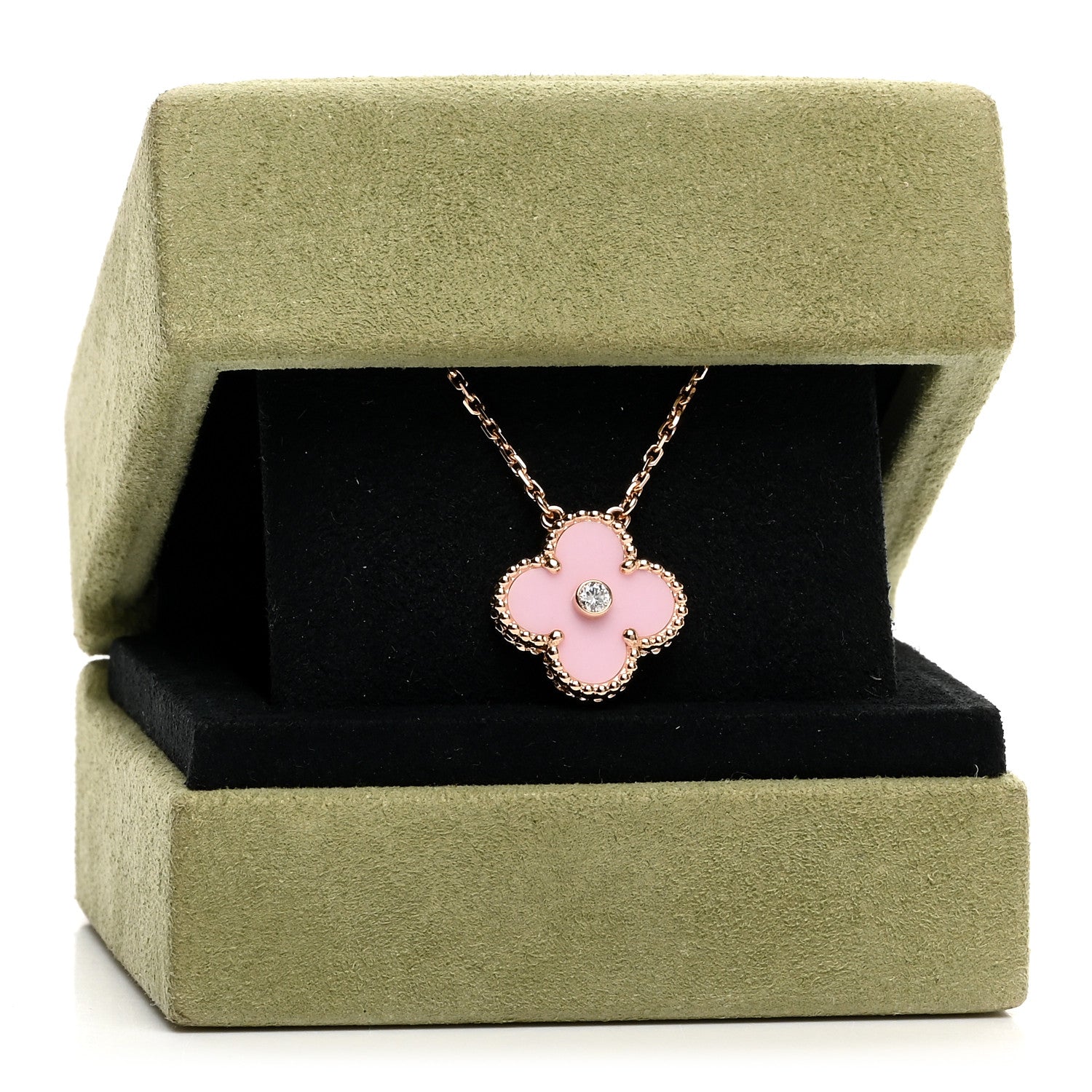 Van Cleef & Arpels 18K Rose Gold Diamond Pink Porcelain Vintage Alhambra Pendant Necklace 3 of 6