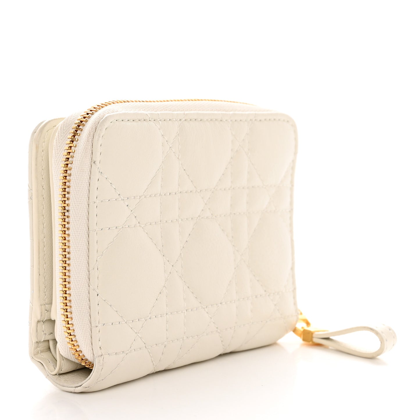 Grained Calfskin Supple Cannage Caro Compact Zip Card Wallet White