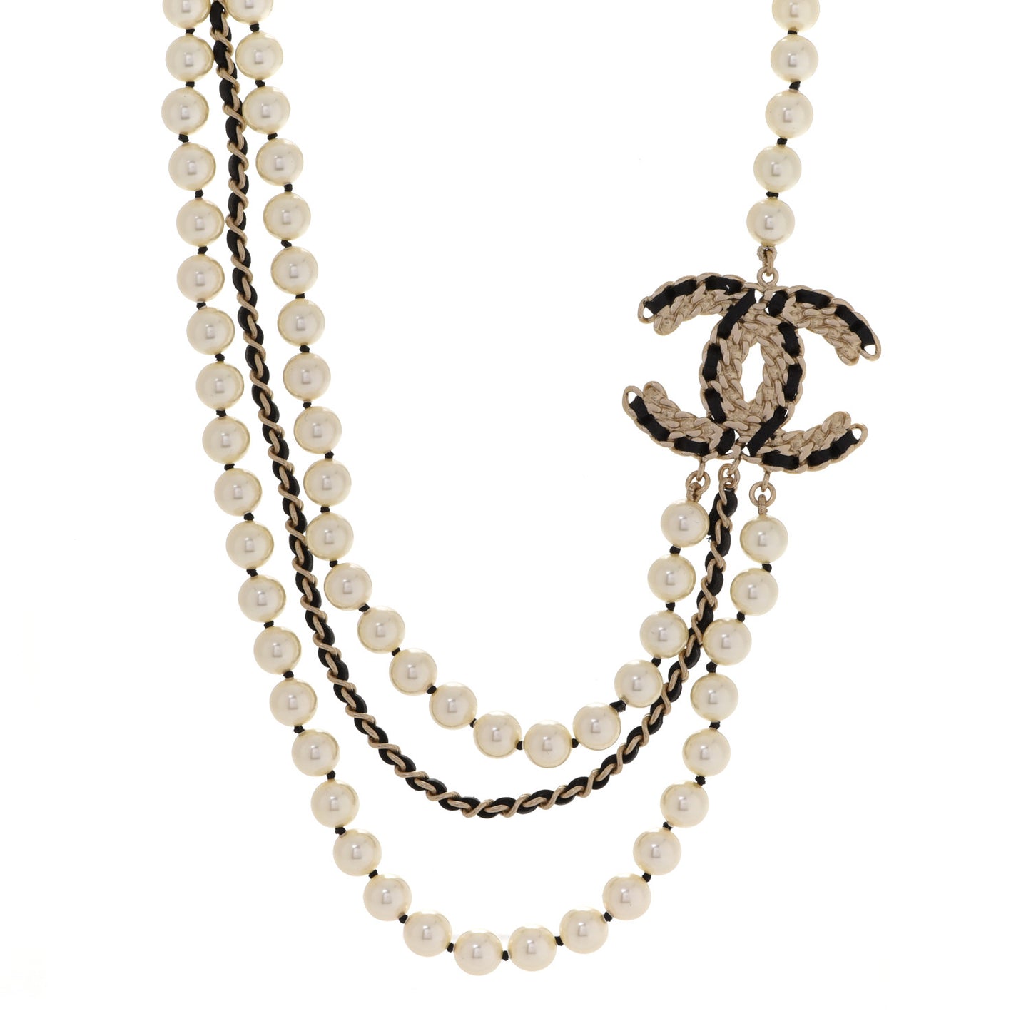 Pearl Lambskin Crystal CC Vintage Allure Necklace Gold Black