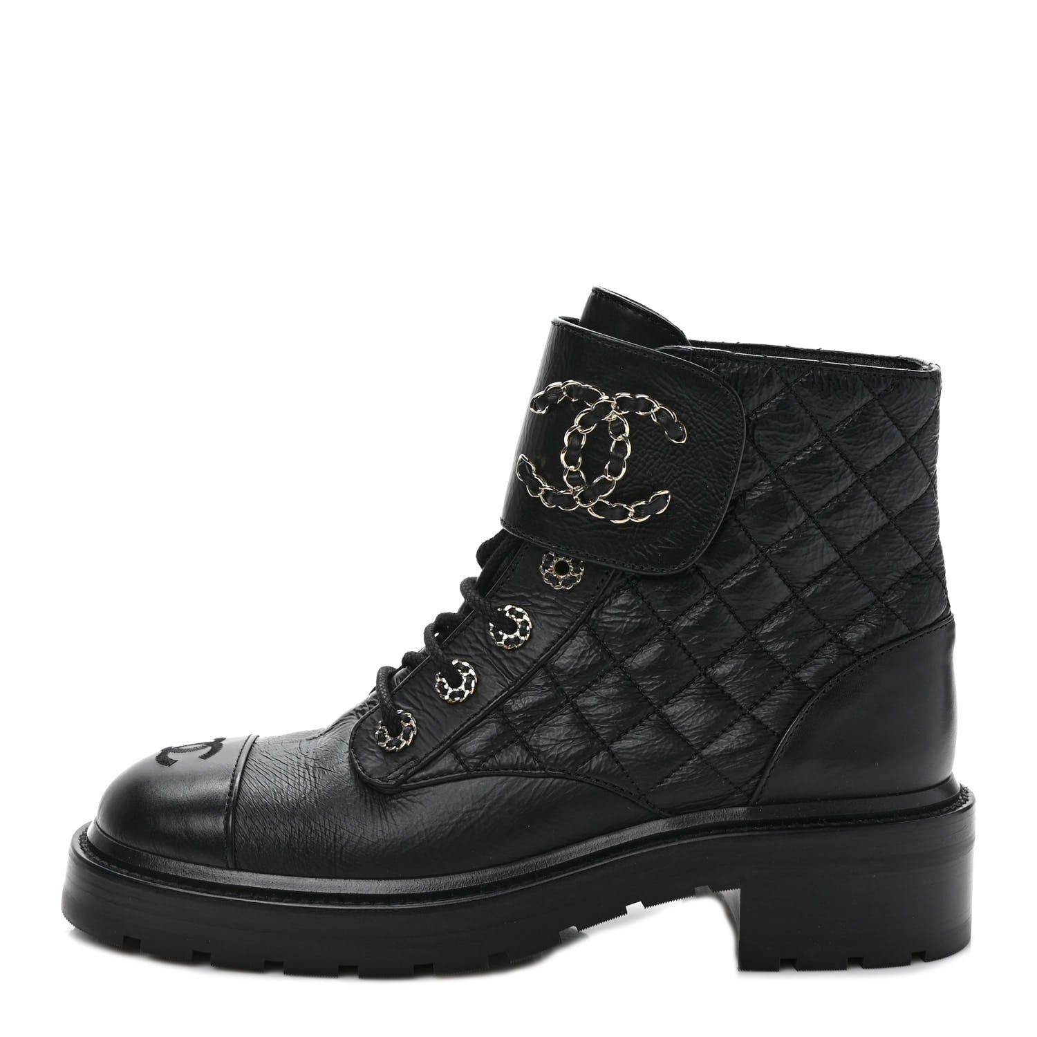 Chanel Shiny Goatskin Calfskin Quilted Lace Up Combat Boots 39 Black 1 of 9