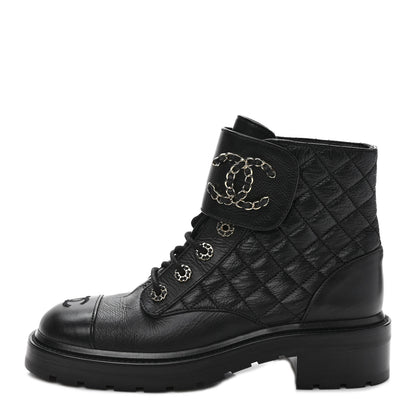 Chanel Shiny Goatskin Calfskin Quilted Lace Up Combat Boots 39 Black 1 of 9