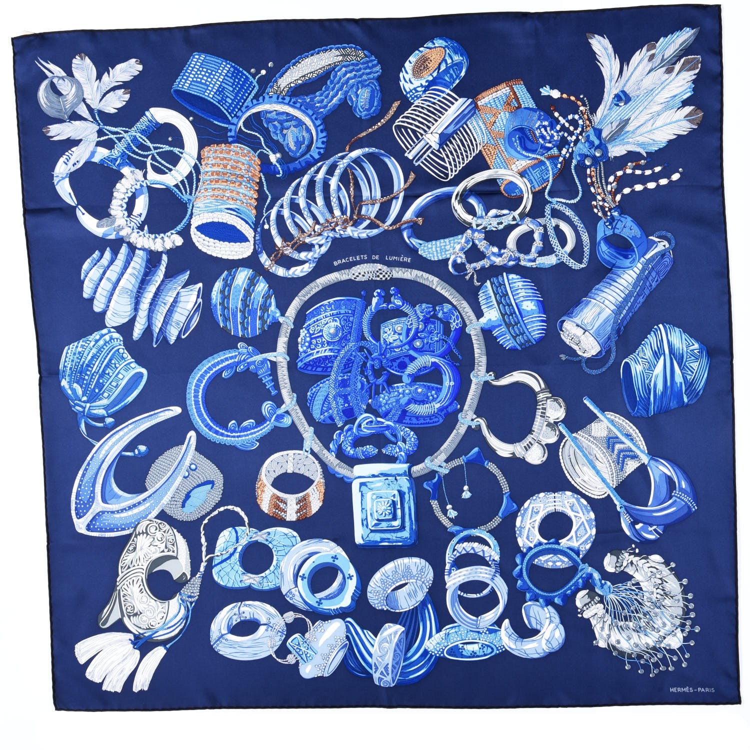 Hermes Silk Bracelets de Lumiere Scarf 90 Marine Bleu Dur Gris 1 of 4