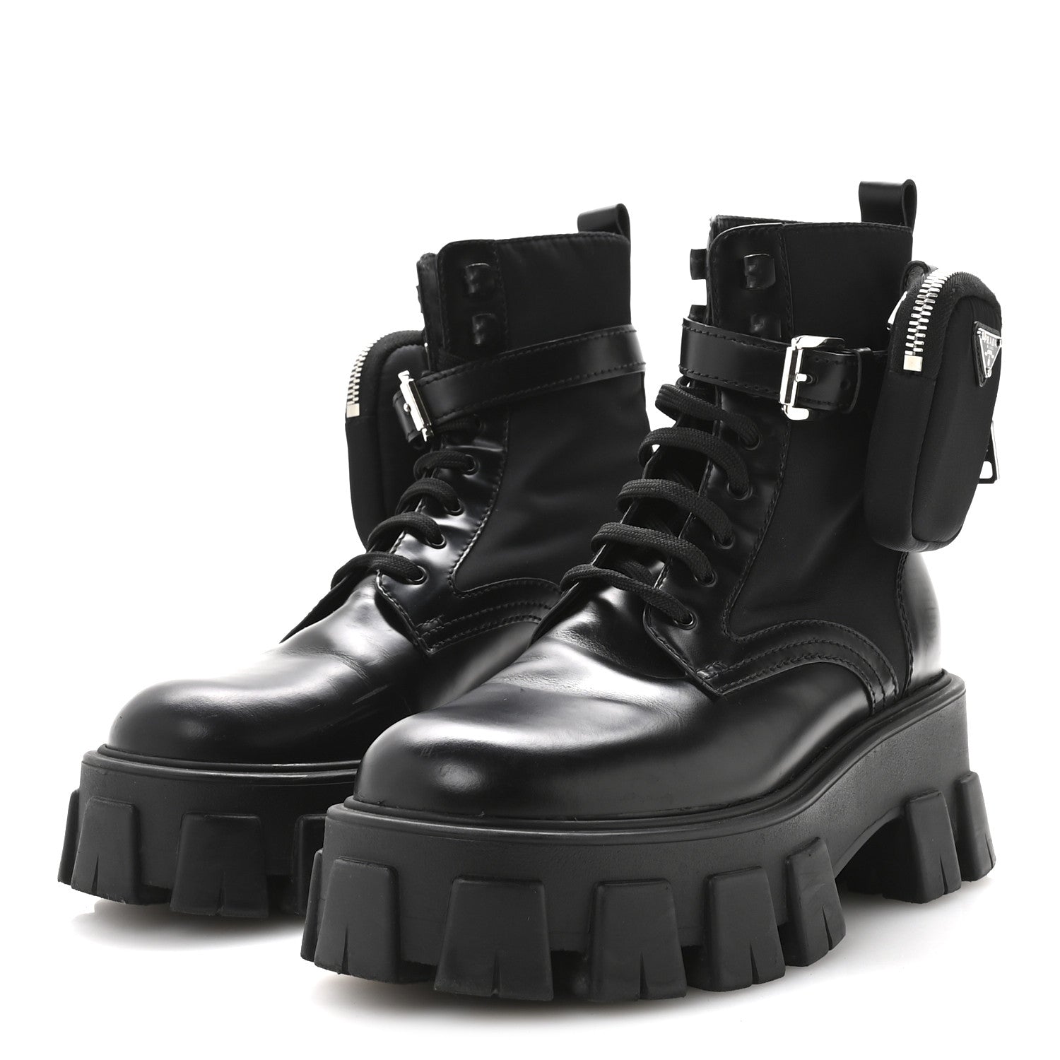 Prada Spazzolato Rois Nylon Metal Triangle Logo Monolith Pouch Pocket 55mm Boots 36.5 Black 4 of 9