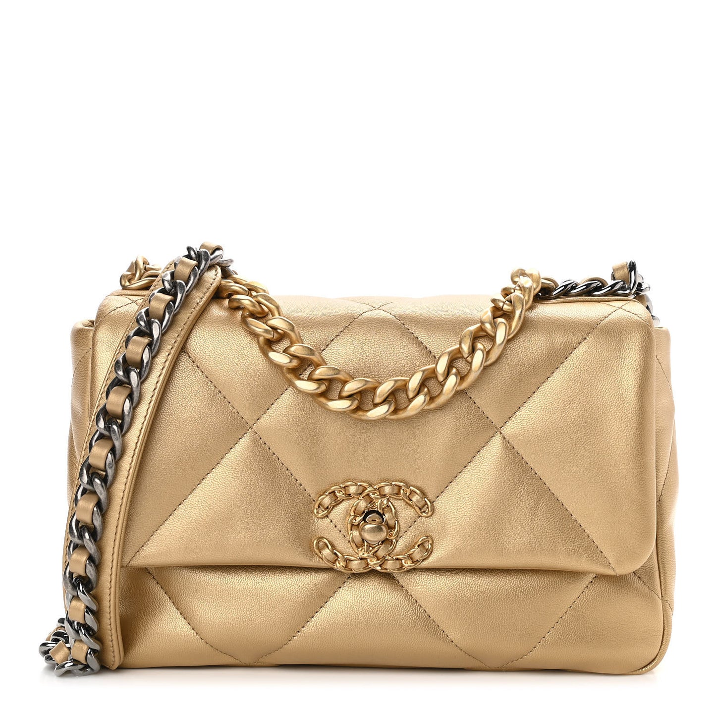 Metallic Goatskin Quilted Medium Chanel 19 Flap Gold