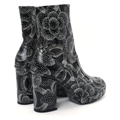 Chanel Calfskin Camellia Printed Ankle Boots 38.5 Black White 5 of 11