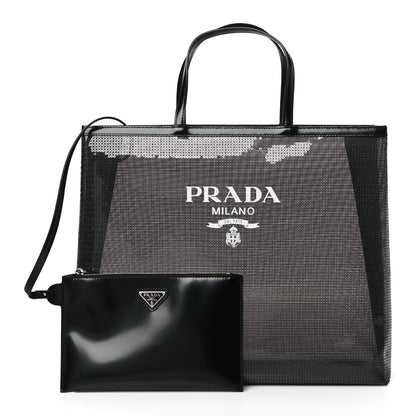 Prada Mesh Sequin Spazzolato Logo Tote Black 1 of 10