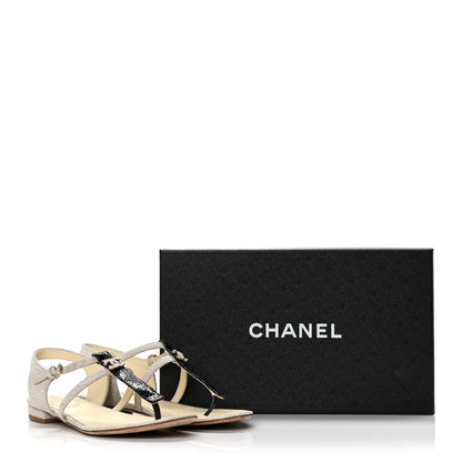 Chanel Crackled Calfskin CC Thong Sandals 37 White Black 10 of 10