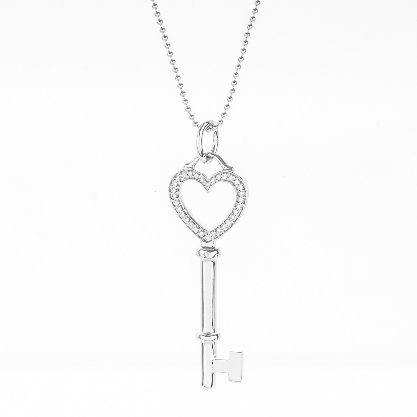 18K White Gold Diamond Medium Heart Key Pendant Necklace