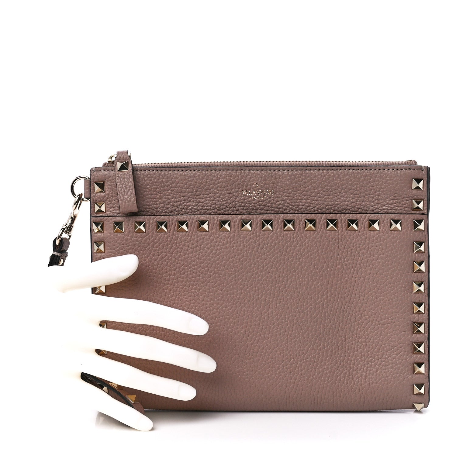 Valentino Garavani Pebbled Calfskin Medium Rockstud Flat Pouch Poudre 2 of 13