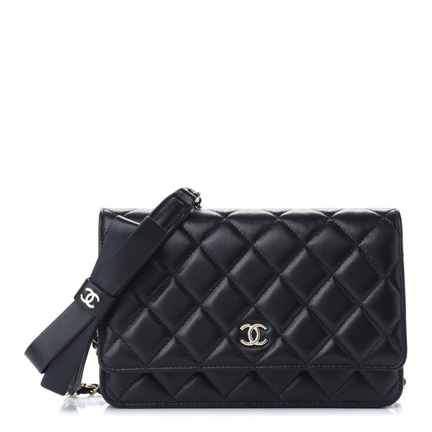Lambskin Quilted Coco Bow Wallet On Chain WOC Black