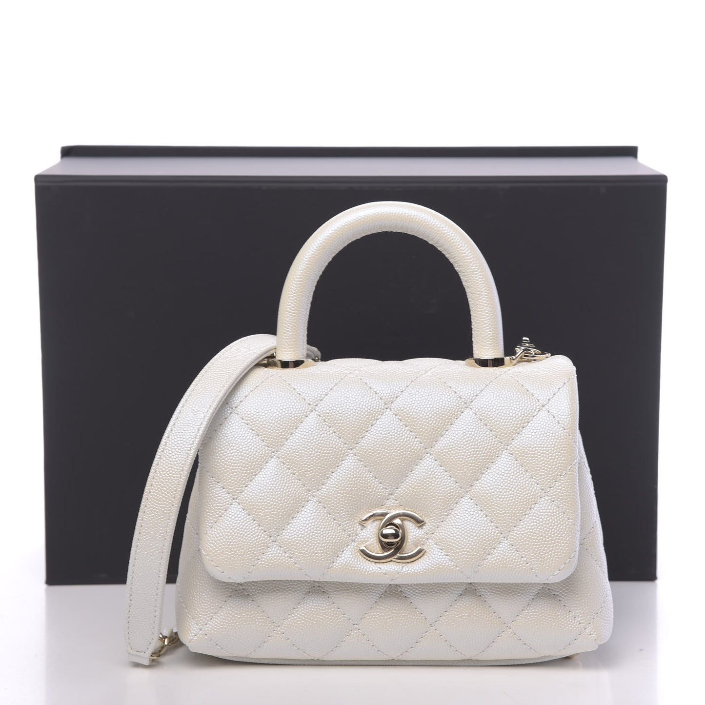 Iridescent Caviar Quilted Extra Mini Coco Handle Flap Ivory