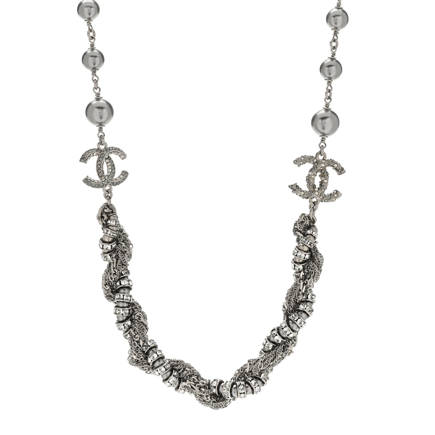 Pearl Crystal CC Choker Necklace Ruthenium Silver