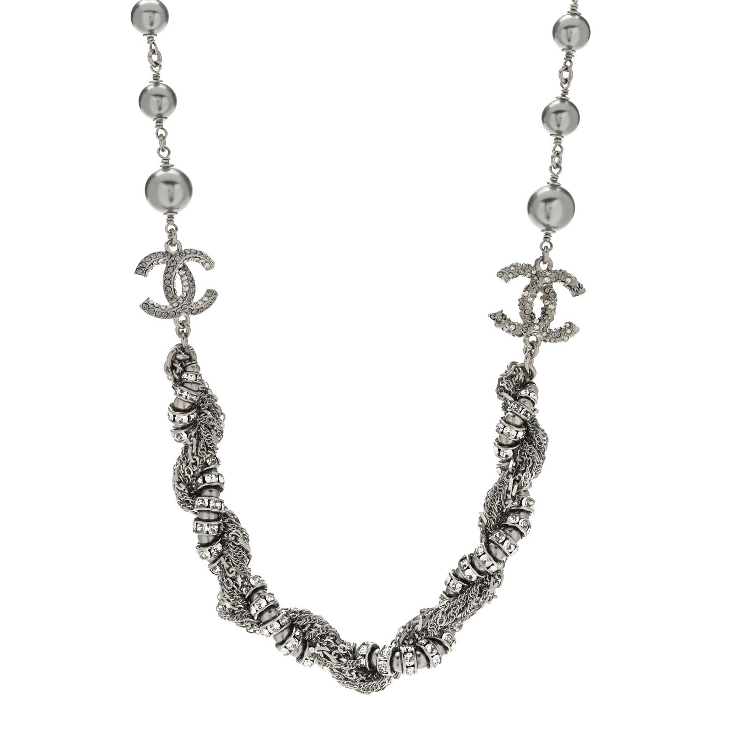 Chanel Pearl Crystal CC Choker Necklace Ruthenium Silver 1 of 4