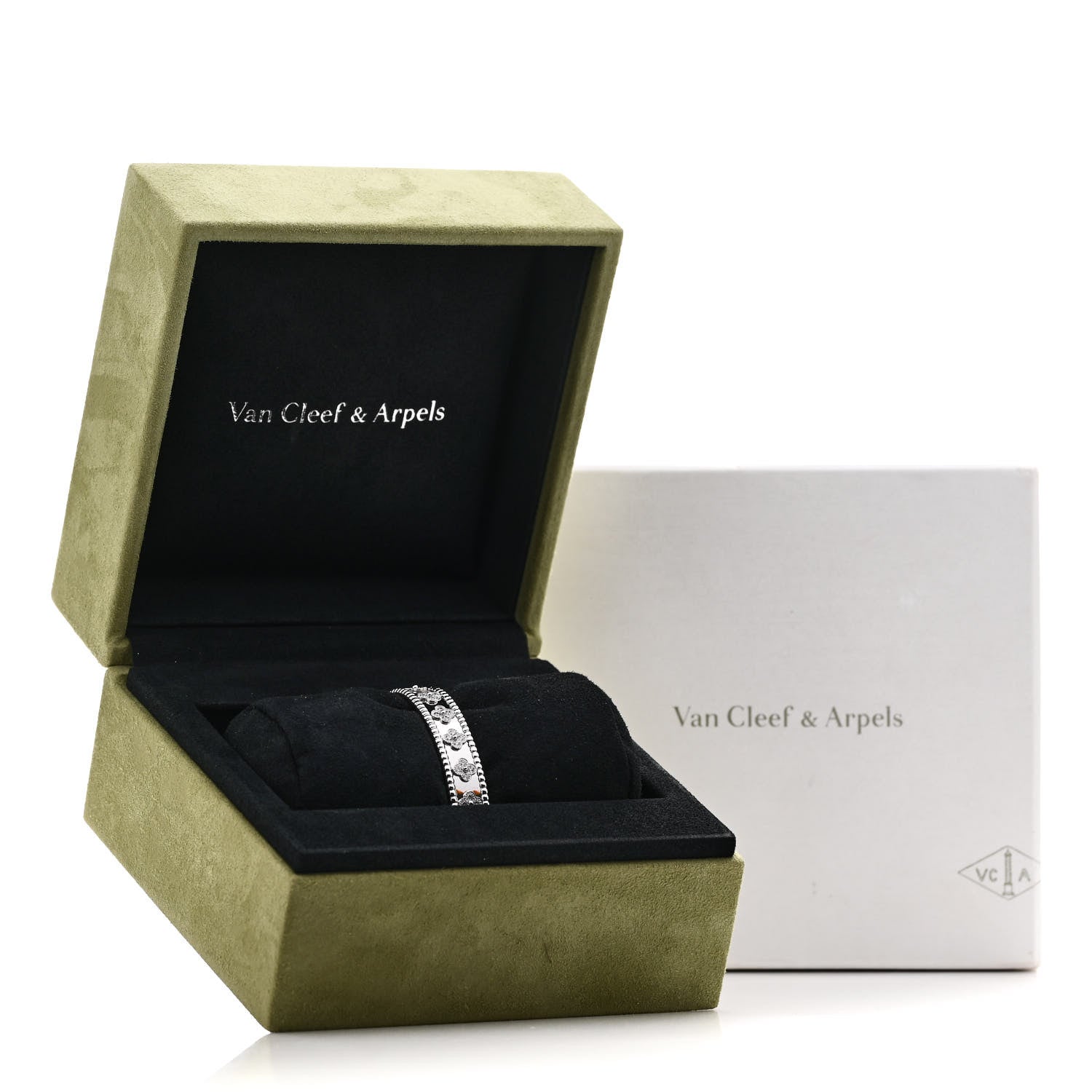 Van Cleef & Arpels 18K White Gold Diamond Perlee Clovers Bangle Bracelet XS 4 of 4