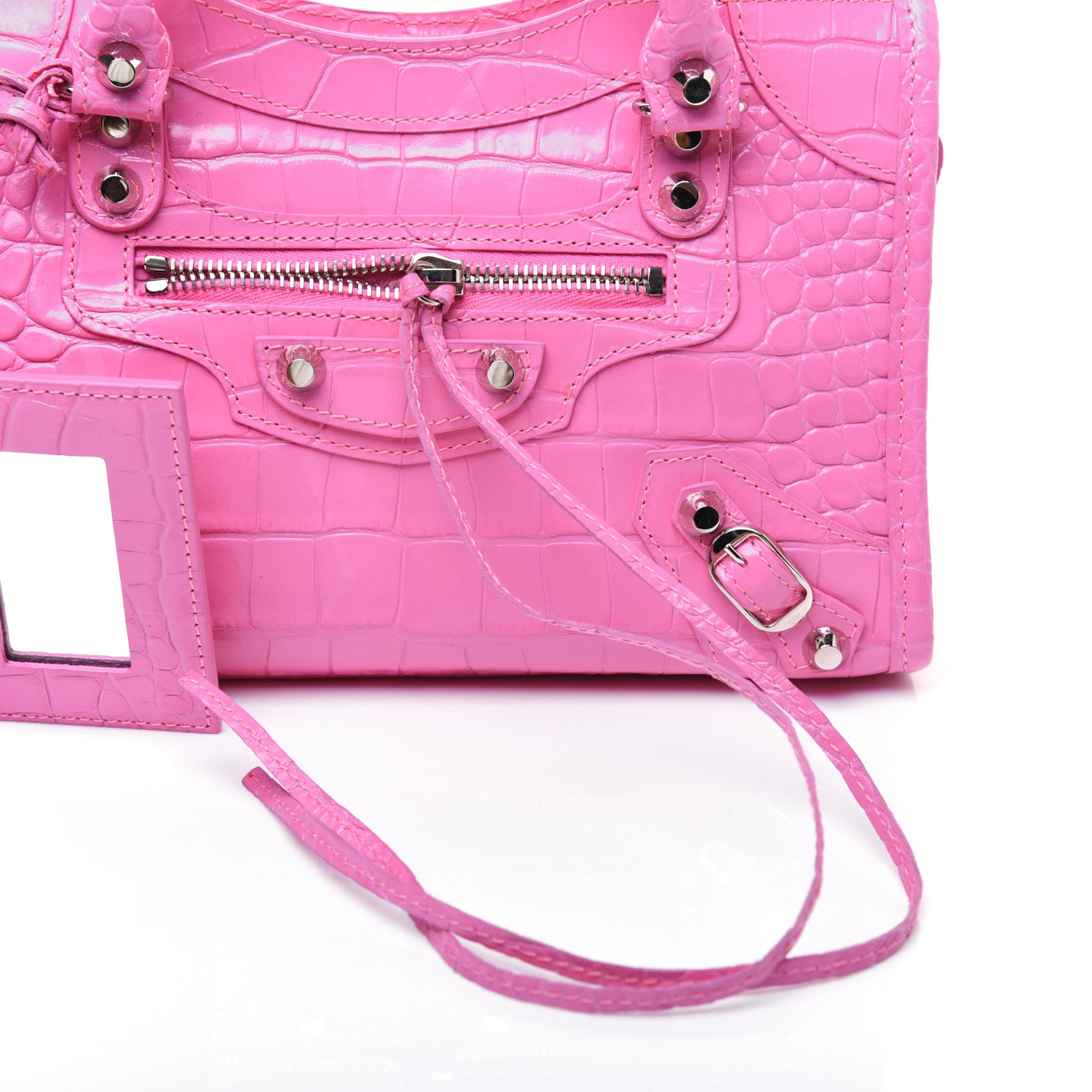 Balenciaga Shiny Supple Calfskin Crocodile Embossed Classic Silver Hardware Mini City Baby Pink 20 of 32