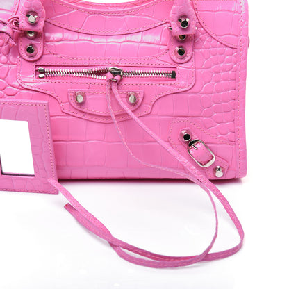 Balenciaga Shiny Supple Calfskin Crocodile Embossed Classic Silver Hardware Mini City Baby Pink 20 of 32