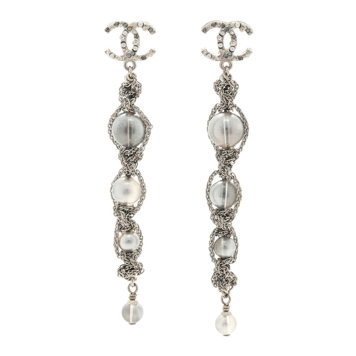 Pearl Crystal CC Chain Drop Earrings Silver