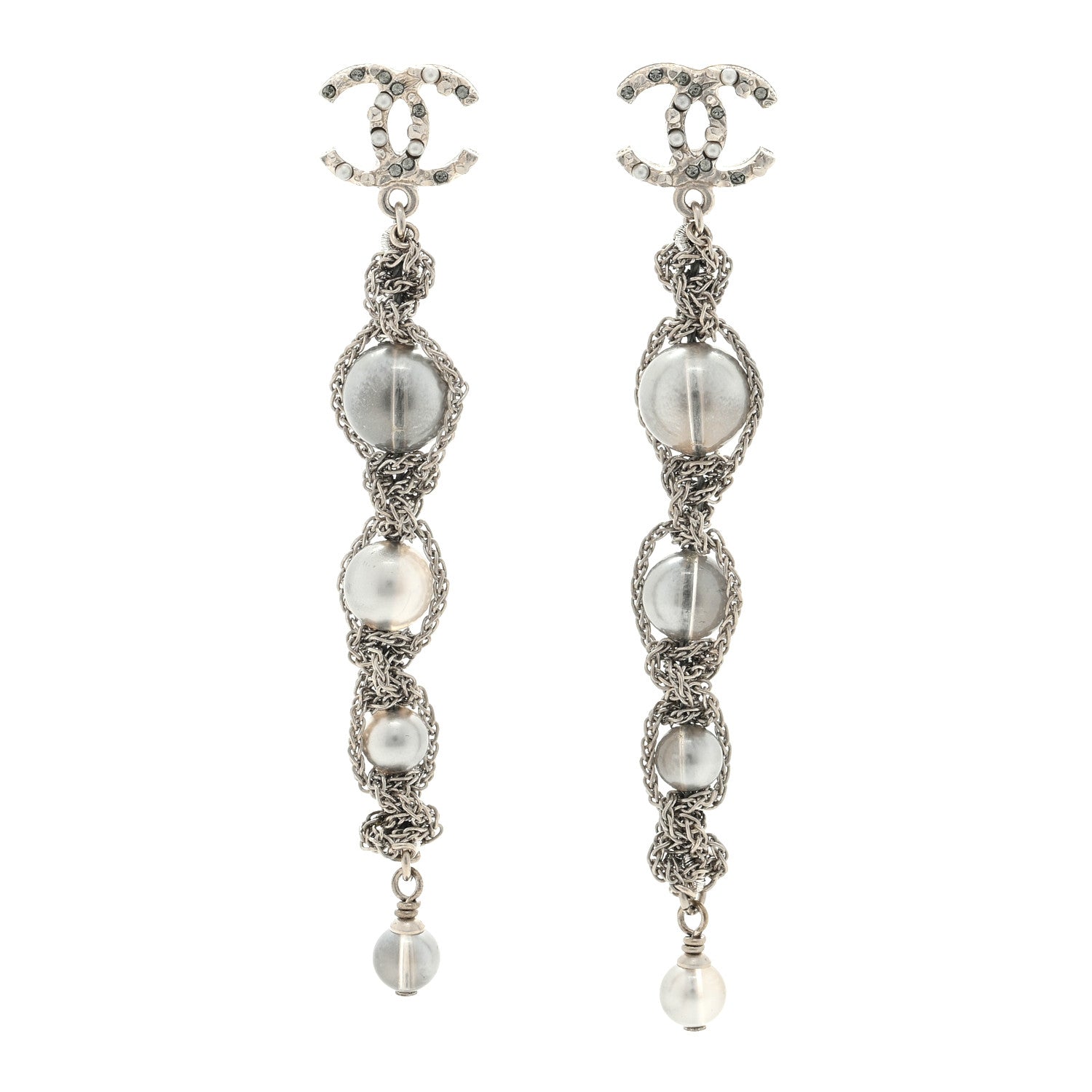 Chanel Pearl Crystal CC Chain Drop Earrings Silver 1 of 4