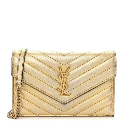 Saint Laurent Metallic Calfskin Matelasse Chevron Monogram Envelope Chain Wallet Antic Gold 1 of 14