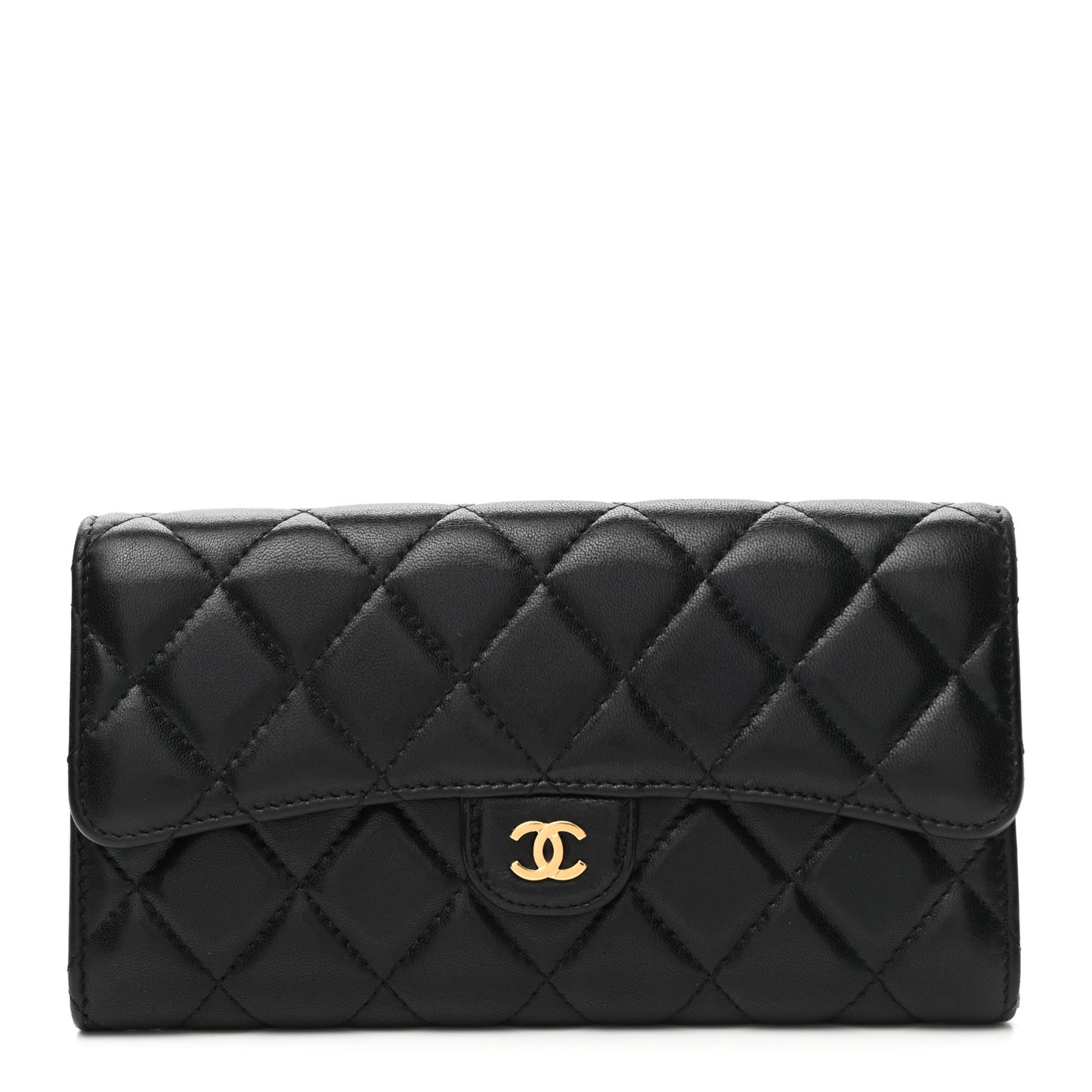 Lambskin Quilted Large Gusset Flap Wallet Black