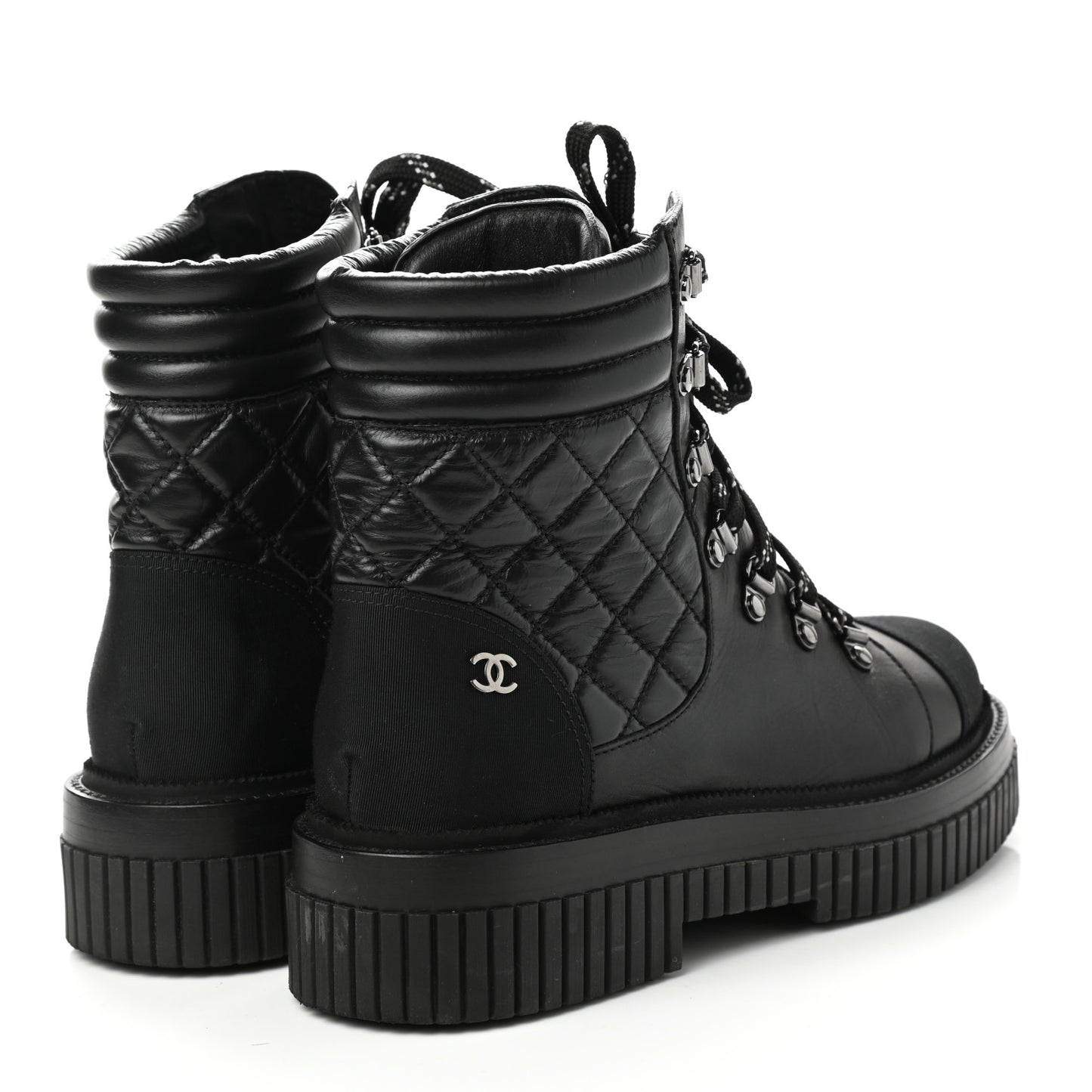 Calfskin Grosgrain Quilted Lace Up Boots 39 Black Grey