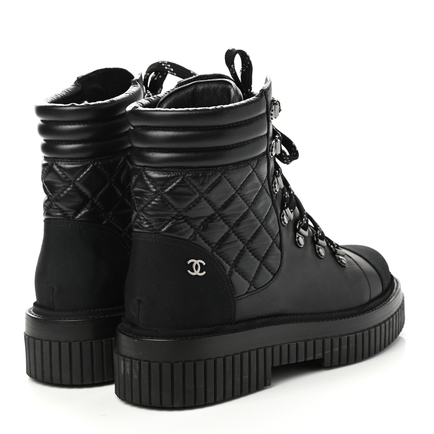 Chanel Calfskin Grosgrain Quilted Lace Up Boots 39 Black Grey 6 of 9