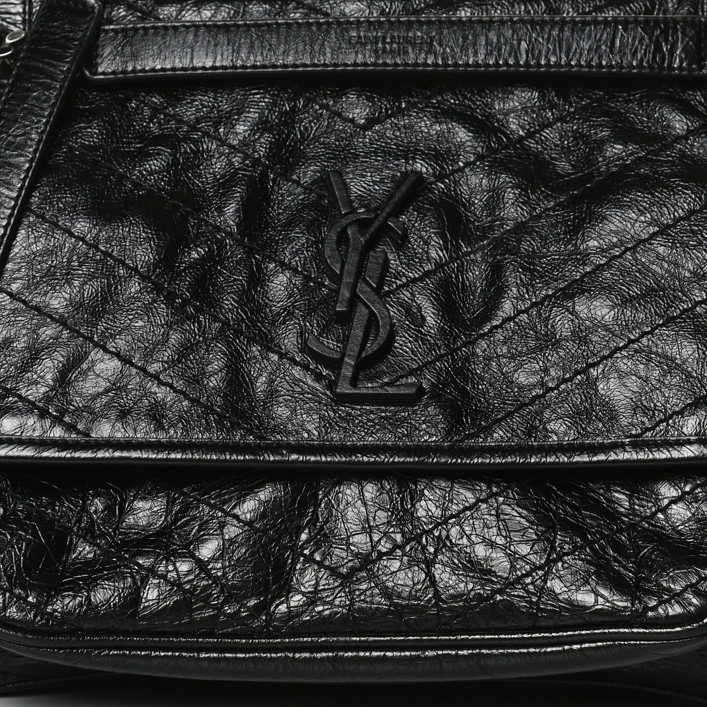 Crinkled Calfskin Matelasse Monogram Medium Niki Chain Satchel Black