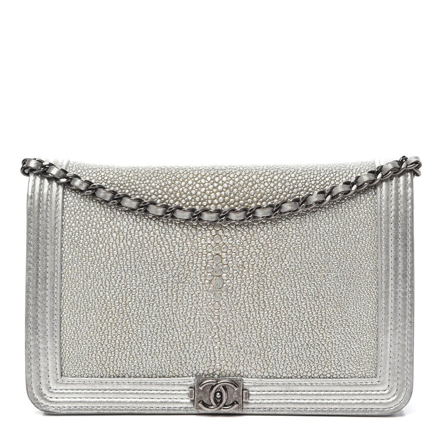Metallic Galuchat Stingray Lambskin Boy Wallet On Chain WOC Silver