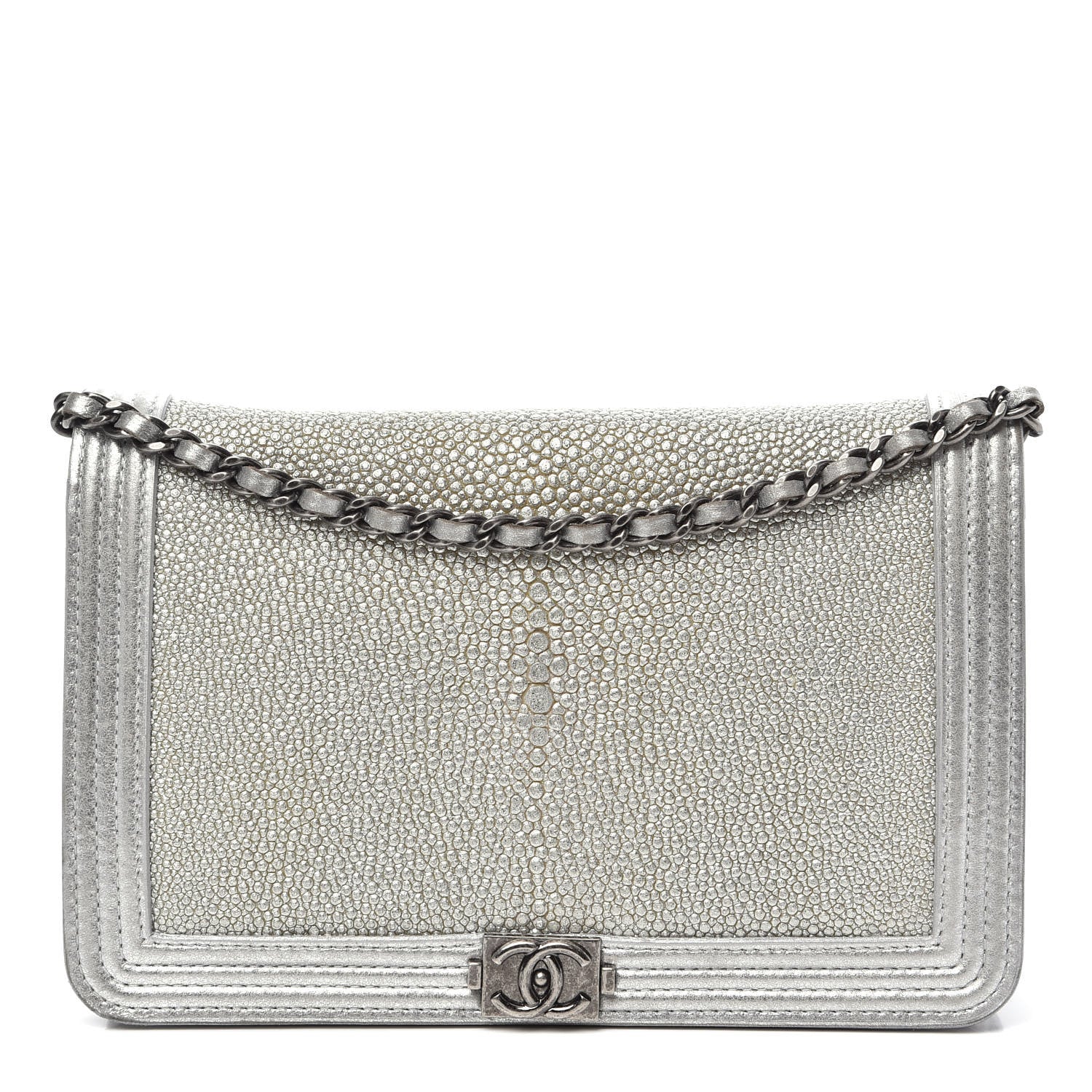 Chanel Metallic Galuchat Stingray Lambskin Boy Wallet On Chain WOC Silver 1 of 14