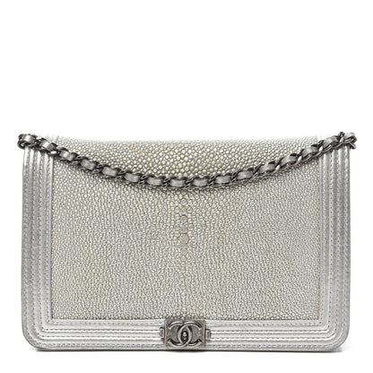 Chanel Metallic Galuchat Stingray Lambskin Boy Wallet On Chain WOC Silver 1 of 14