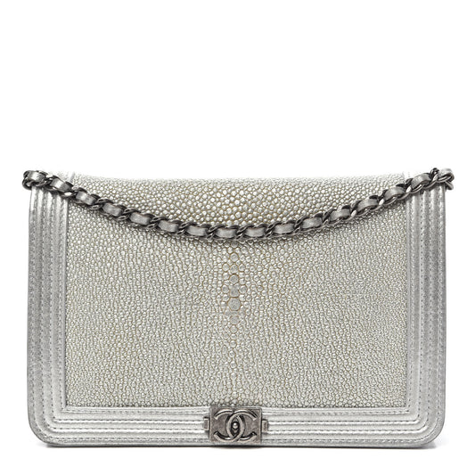 Metallic Galuchat Stingray Lambskin Boy Wallet On Chain WOC Silver