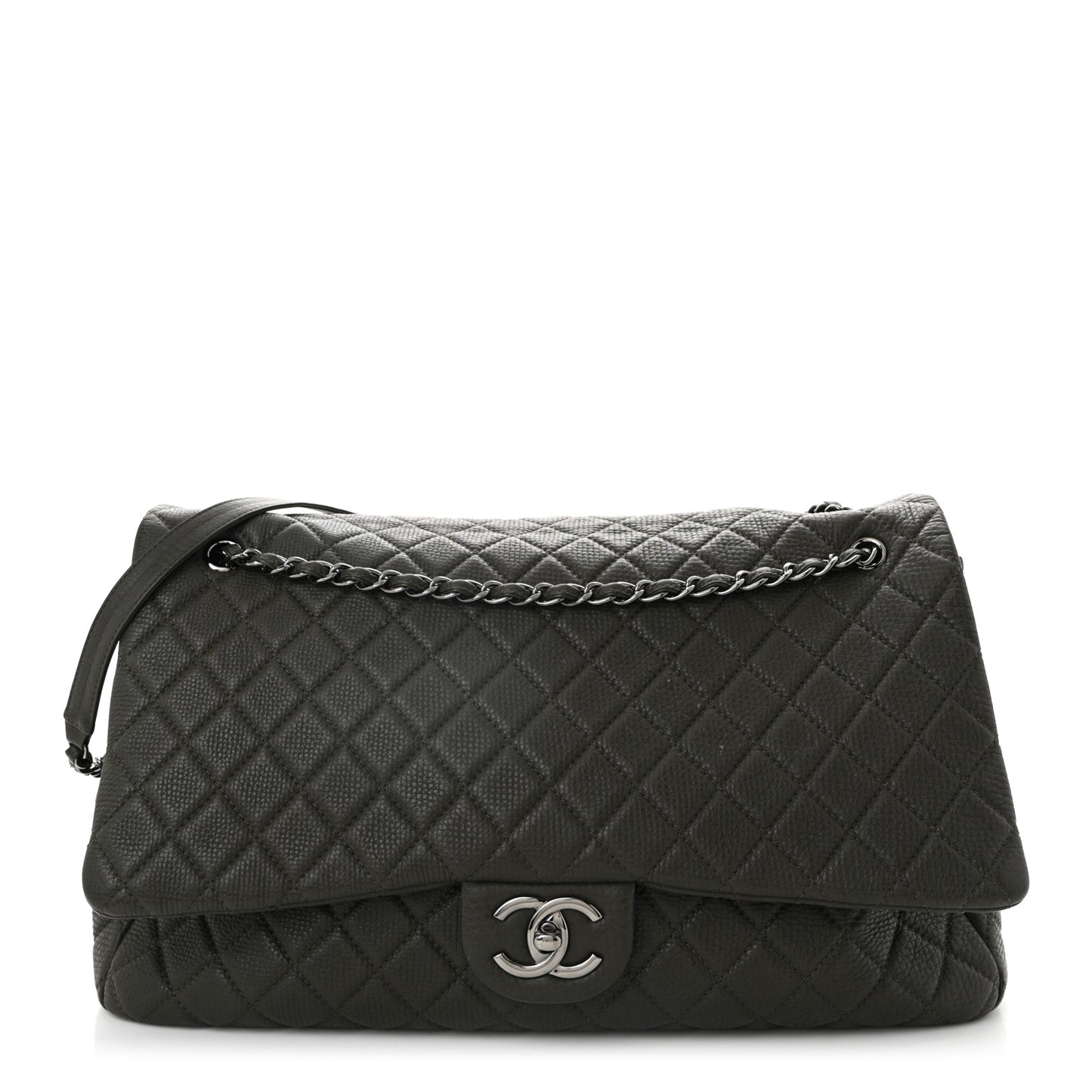 Calfskin Quilted XXL Travel Flap Bag Khaki