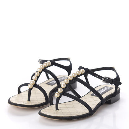 Chanel Grosgrain Pearl Sandals 35 Black 3 of 7