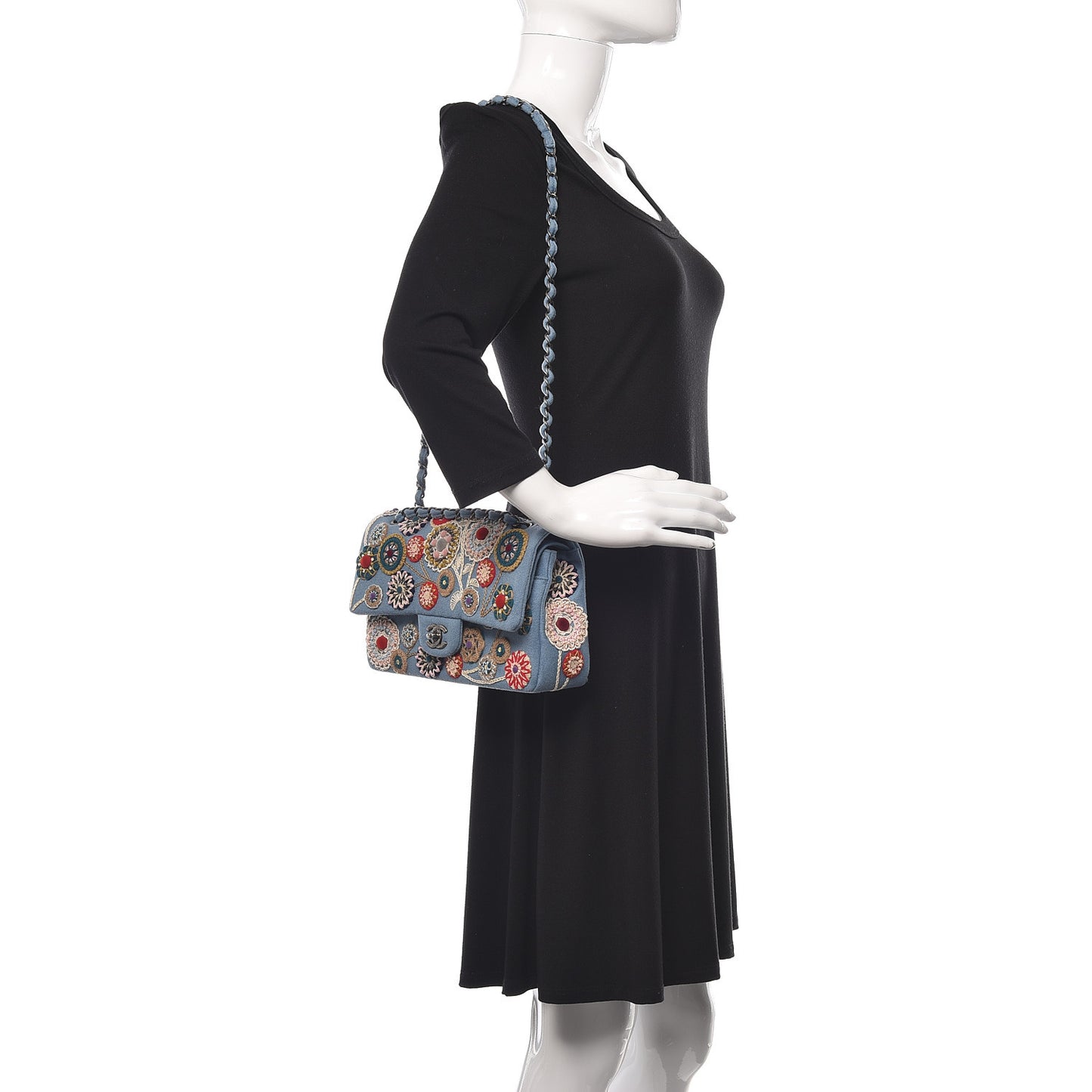 Felt Flower Embroidered Medium Double Flap Blue Multicolor