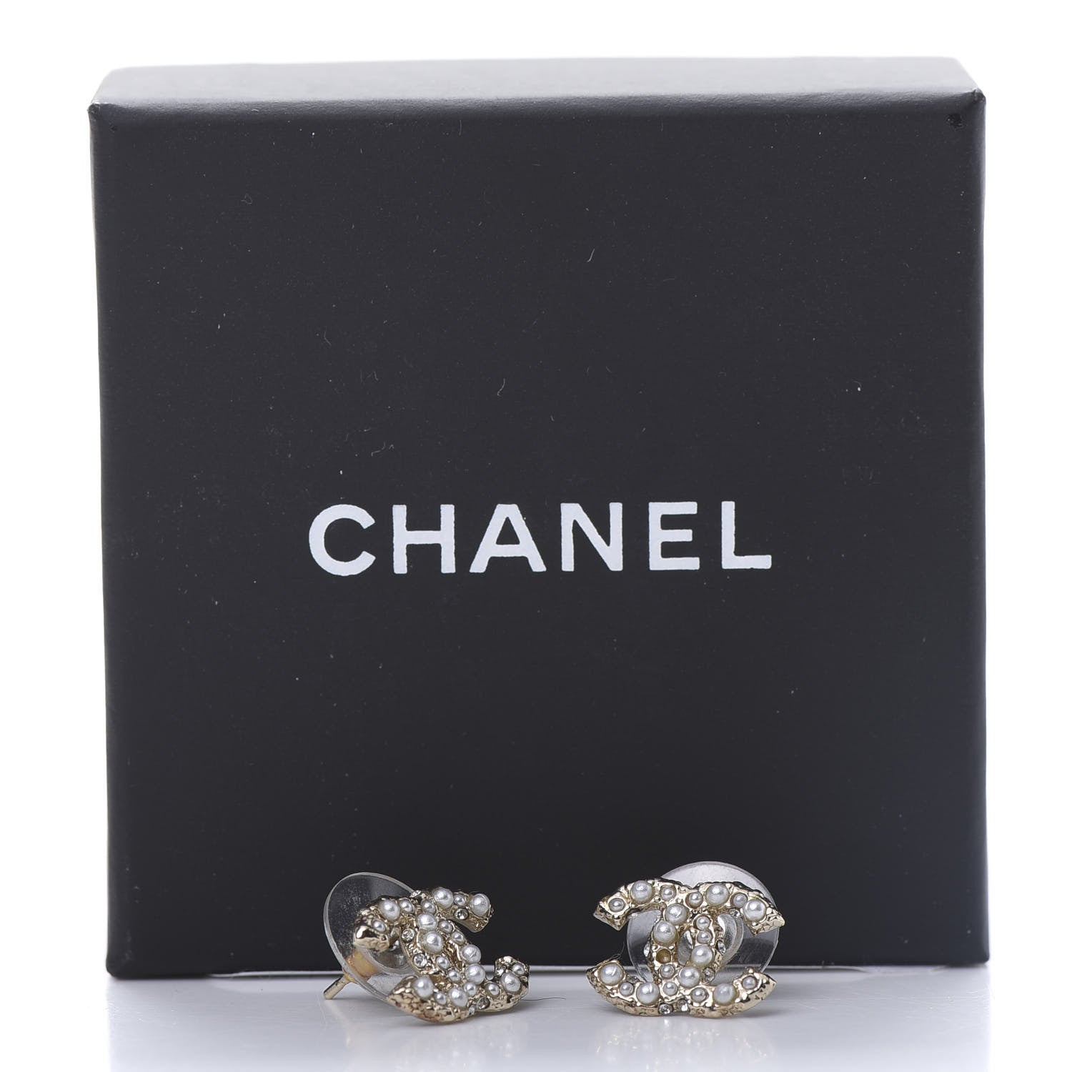Chanel Pearl Crystal CC Stud Earrings Gold 6 of 6