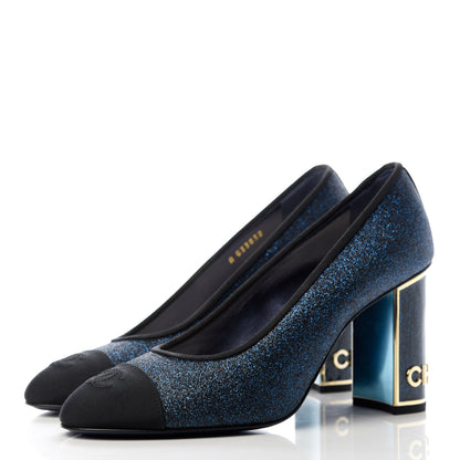 Chanel Glitter Grosgrain Cap Toe Logo Pumps 39 Blue 3 of 11