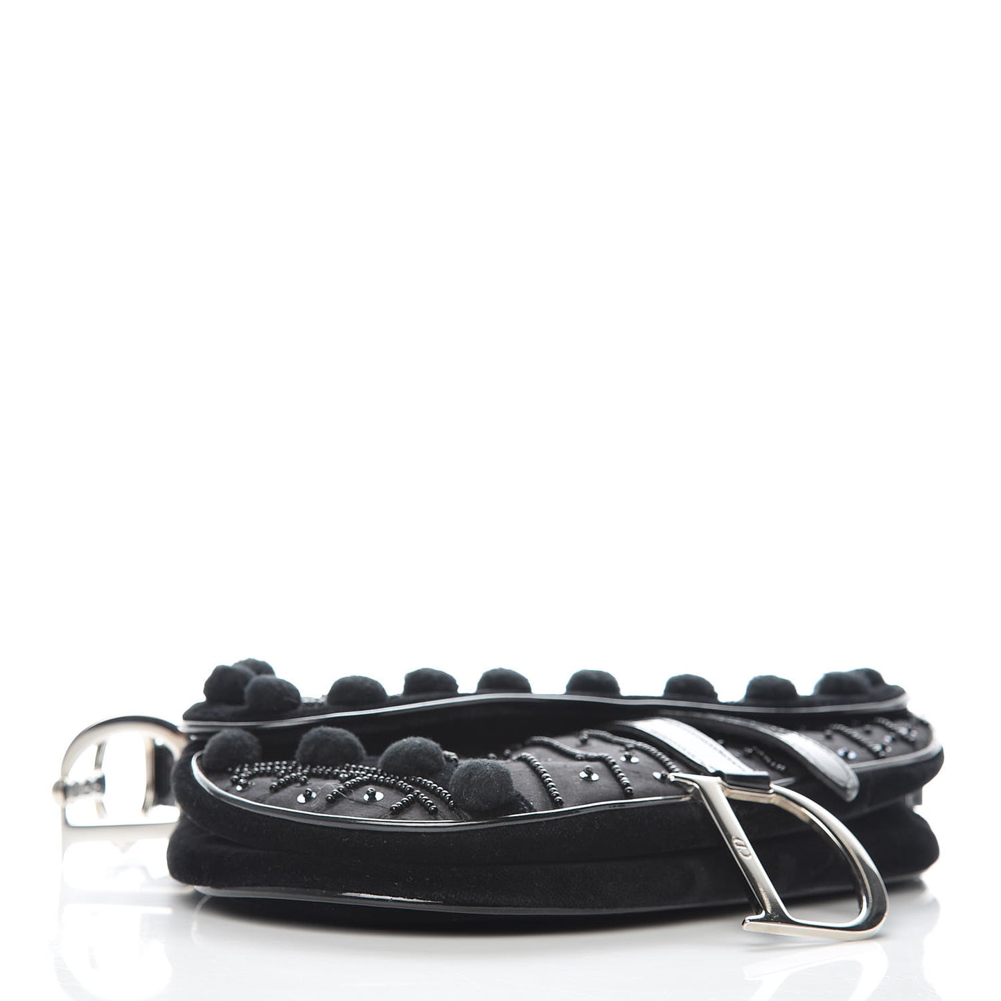 Velvet Nylon Pom Pom Saddle Bag Black