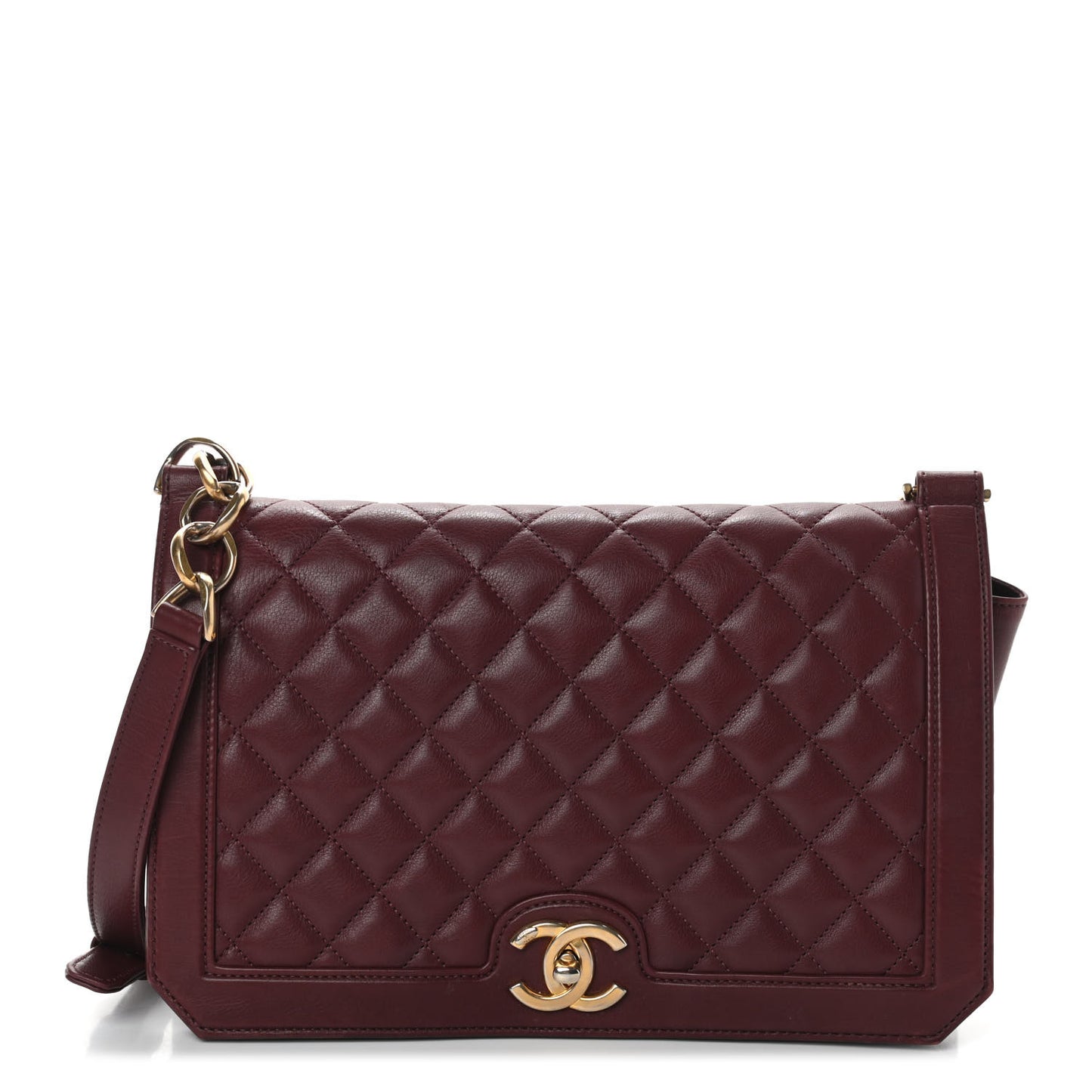 Calfskin Quilted Large Flap Bag Burgundy