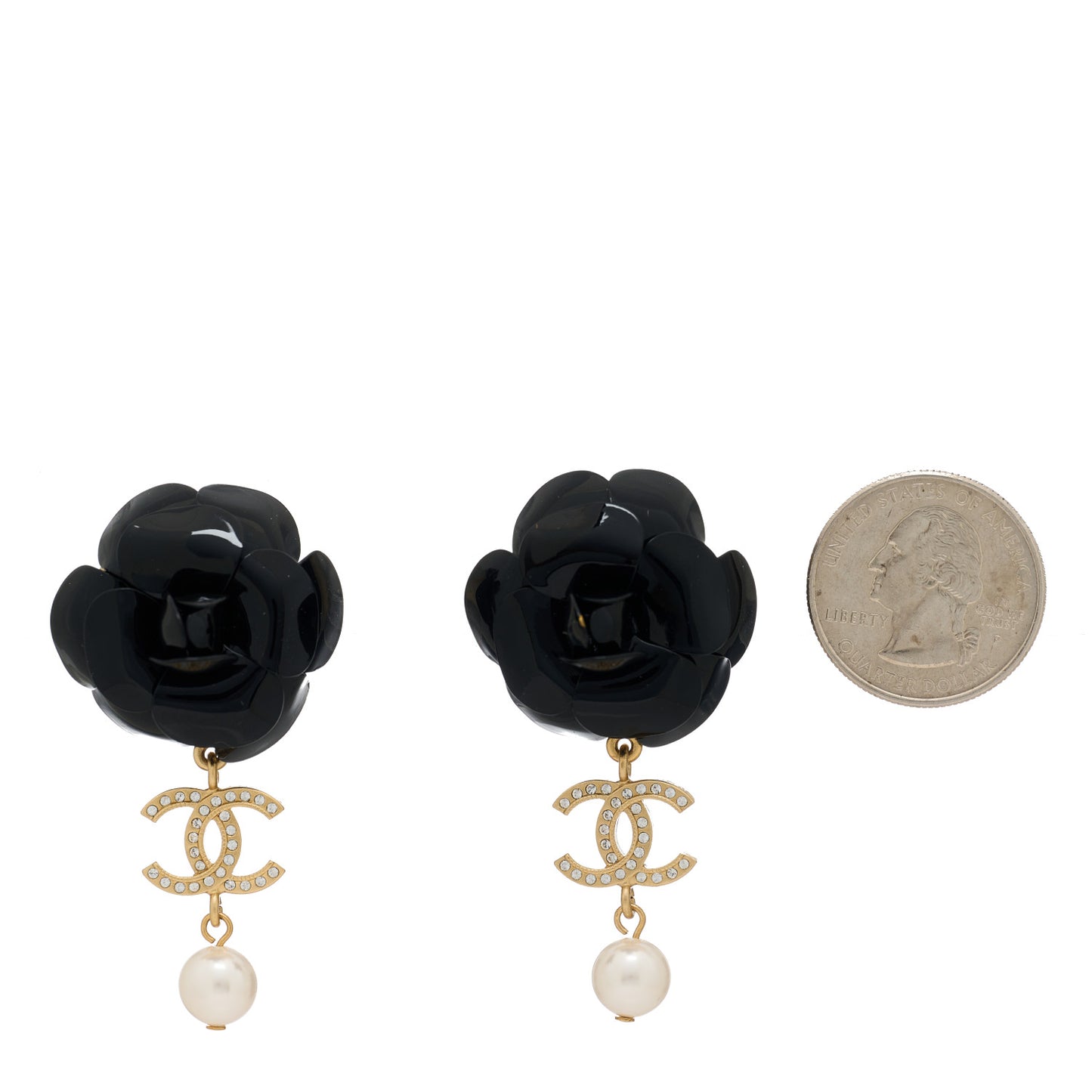 Enamel Crystal Pearl CC Camellia Drop Earrings Black Gold