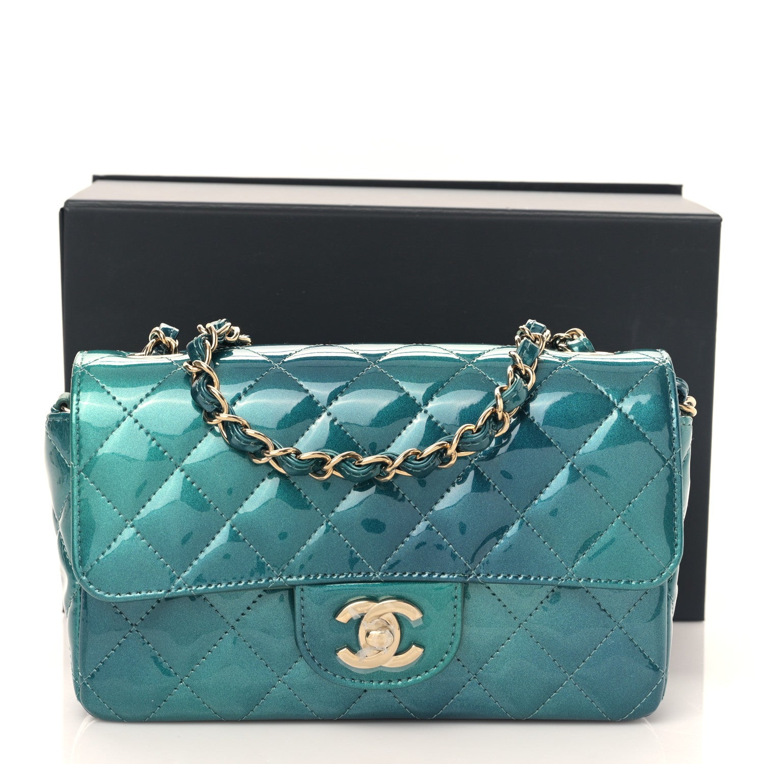 Chanel Shaded Patent Calfskin Quilted Mini Rectangular Flap Green Blue 10 of 10