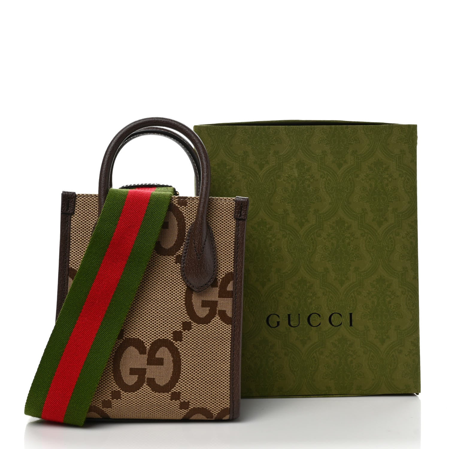 Gucci Monogram Jumbo GG Textured Dollar Calfskin Web Mini Vertical Tote Camel Ebony New Acero 9 of 9