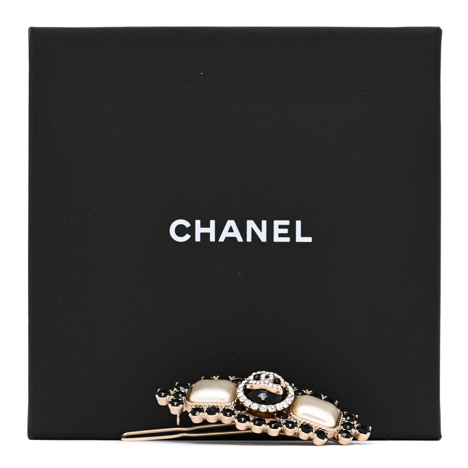 Chanel Metal Crystal Pearl CC Hair Clip Barrette Gold Black 6 of 6