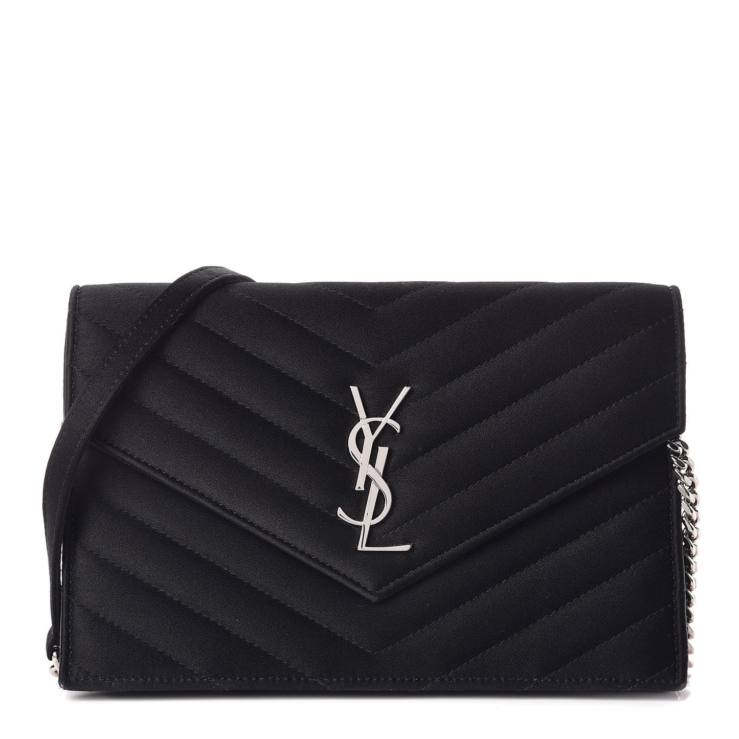 Satin Chevron Monogram Envelope Chain Wallet Black