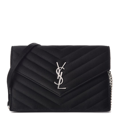 Saint Laurent Satin Chevron Monogram Envelope Chain Wallet Black 1 of 9