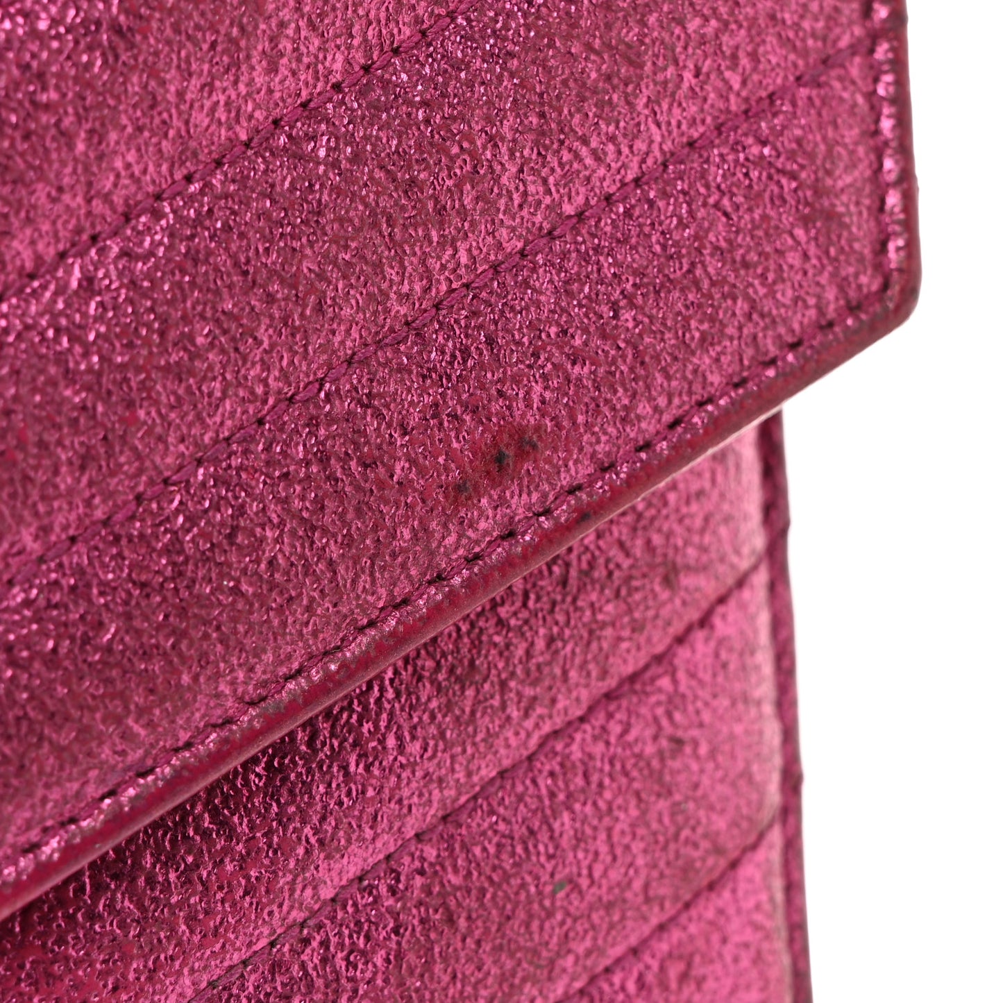 Metallic Crackled Calfskin Matelasse Chevron Monogram Flap Wallet Fuchsia