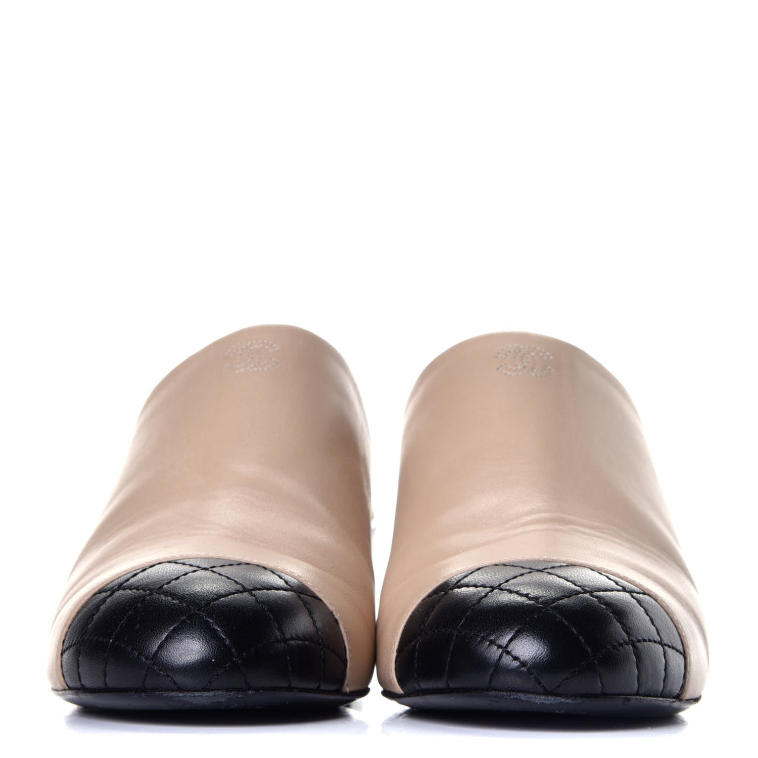 Chanel Lambskin Quilted Cap Toe Pearl Mule 39.5 Beige Black 2 of 9
