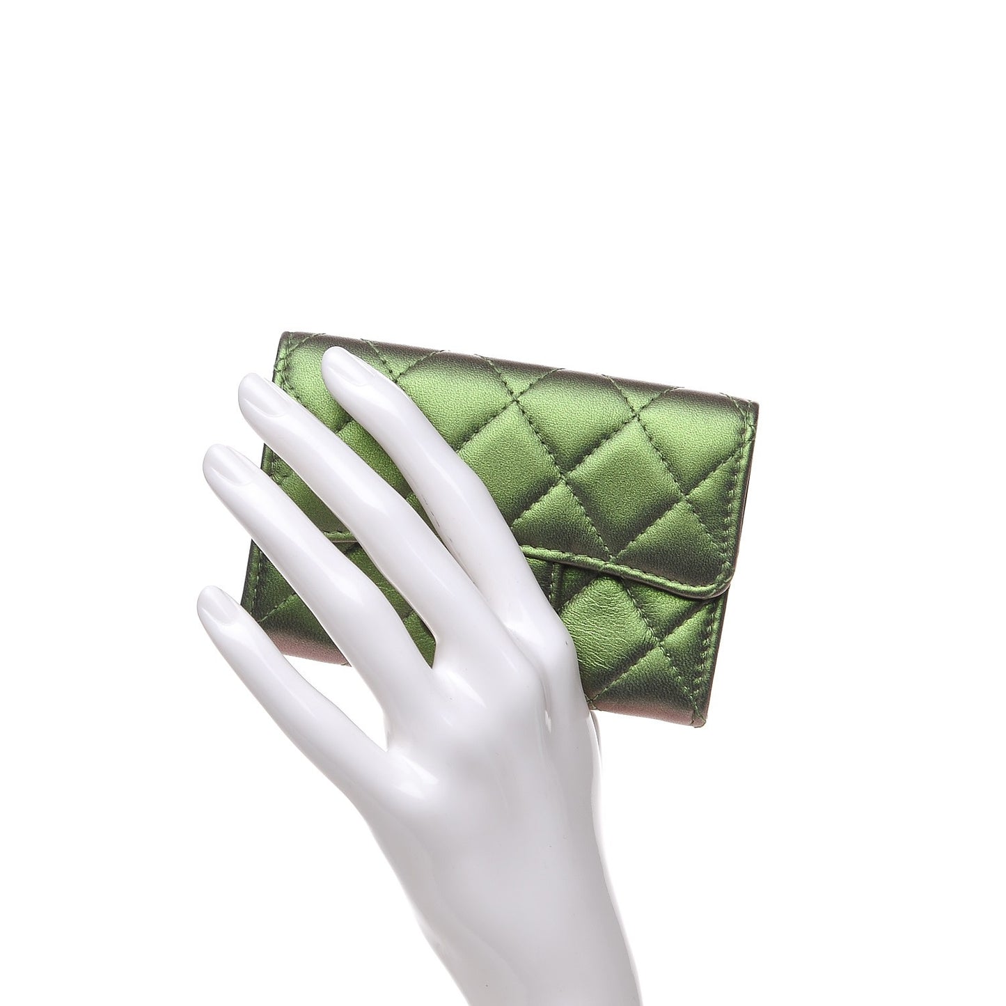 Metallic Lambskin Quilted Card Holder Green